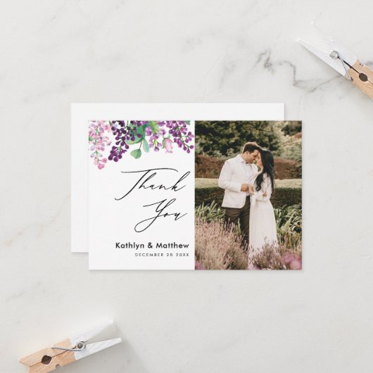 Paarse Floral Elegant Script Foto Hartelijk dank Kaart (Voorkant / Achterkant in situ)