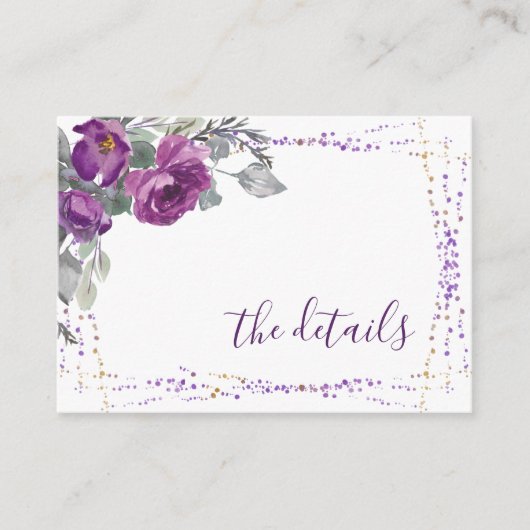 Paarse Floral Elegant Script Weddenschap Details Informatiekaartje (Voorkant)