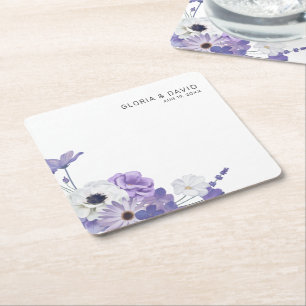 Paarse Floral Elegant Wedding Vierkante Kartonnen Onderzetter