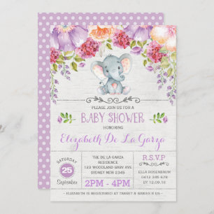 Paarse Floral Elephant Baby Girl Shower Kaart