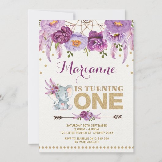Paarse Floral Elephant Boho Birthday Uitnodiging (Voorkant)