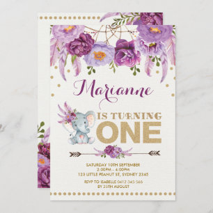 Paarse Floral Elephant Boho Birthday Uitnodiging