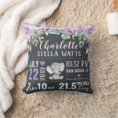 Paarse Floral Elephant New Baby Girl Birth Stats Kussen (Deken)