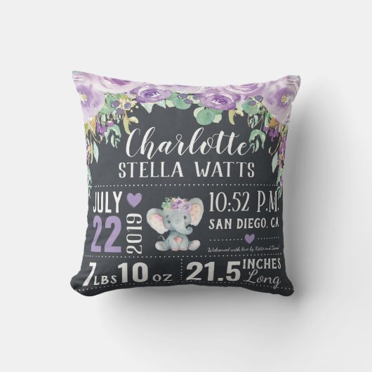 Paarse Floral Elephant New Baby Girl Birth Stats Kussen (Voorkant)