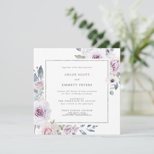 Paarse Floral en Silver Lijst Square Weddenschap Kaart (Staand voorkant)