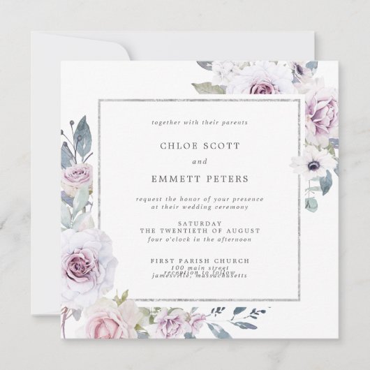 Paarse Floral en Silver Lijst Square Weddenschap Kaart (Voorkant)