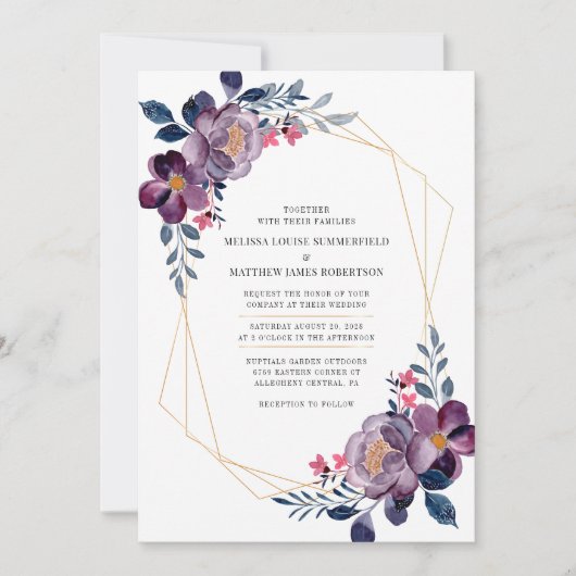 Paarse Floral Geometric Botanical Weddenschap Kaart (Voorkant)