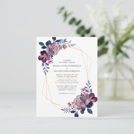Paarse Floral Geometric Botanical Weddenschap Uitnodiging Briefkaart (Staand voorkant)
