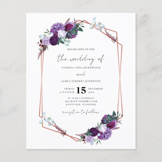 Paarse Floral Geometric Script QR Code Weddenschap (Voorkant)