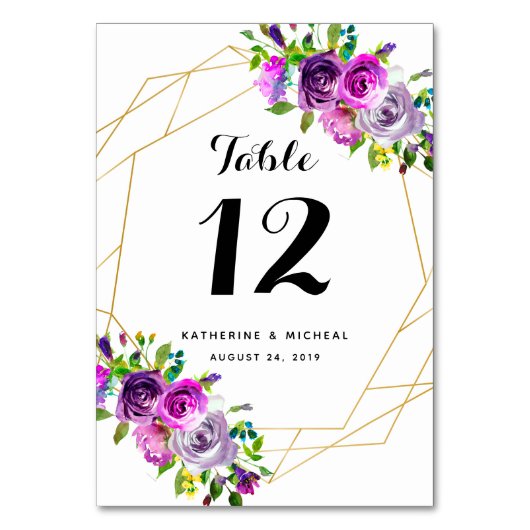 Paarse Floral Geometric Wedding Table Numbers Kaart (Voorkant)