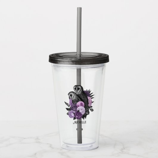 Paarse Floral Glam Gothic Owls Acryl Drinkbeker (Voorkant)