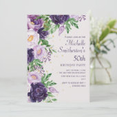 Paarse Floral Glitter 50th Birthday Kaart (Staand voorkant)