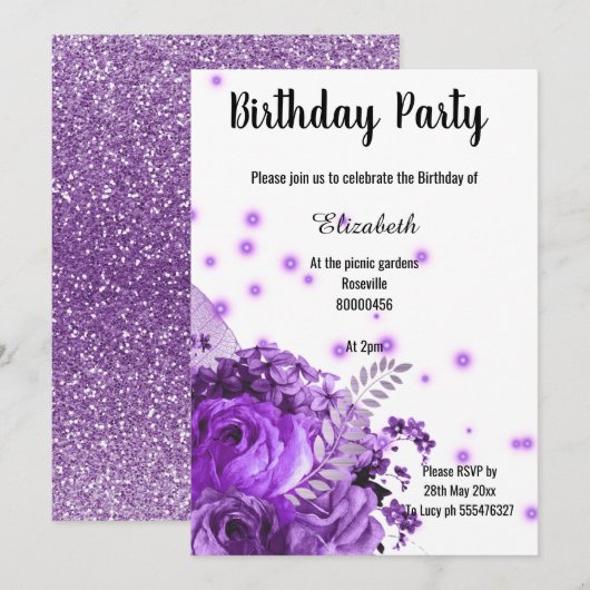 PAARSE FLORAL GLITTER BIRTHDAY KAART (Voorkant / Achterkant)