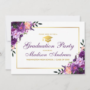 Paarse Floral Gold Lijst Graduation Party Invite Kaart