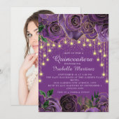 Paarse Floral Gold String Light Stars Quinceañera Kaart (Voorkant / Achterkant)