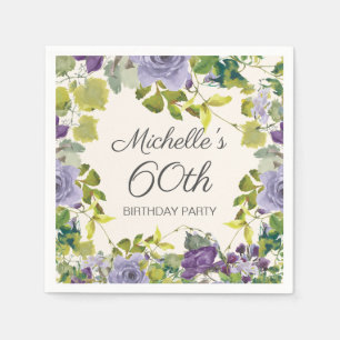 Paarse Floral Green Leaves Editable 60th Birthday Servet