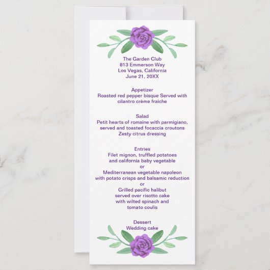 Paarse Floral Greenery Foliage Wedding Menu Kaart (Voorkant)