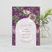 Paarse Floral Greenery Gold Arch Wedding Save The Date (Staand voorkant)