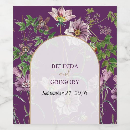 Paarse Floral Greenery Gold Arch Wedding Wijn Etiket (Enkel label)