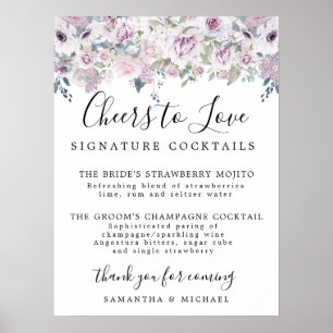 Paarse Floral Handtekening Cocktails Weddenschap Poster