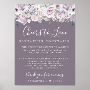 Paarse Floral Handtekening Cocktails Weddenschap Poster