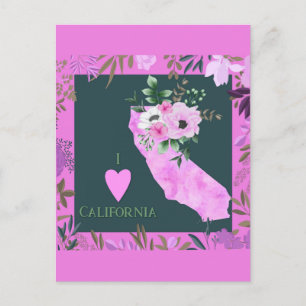 Paarse Floral I Love California State Map Briefkaart