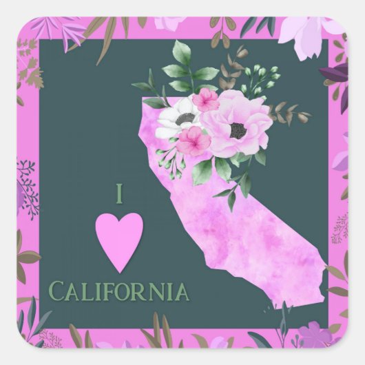 Paarse Floral I Love California State Map Vierkante Sticker (Voorkant)