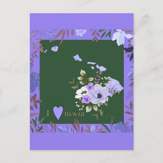 Paarse Floral I Love Hawaii State Map Briefkaart (Voorkant)