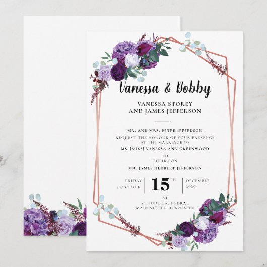 Paarse Floral Modern Geometric Wedding Kaart (Voorkant / Achterkant)