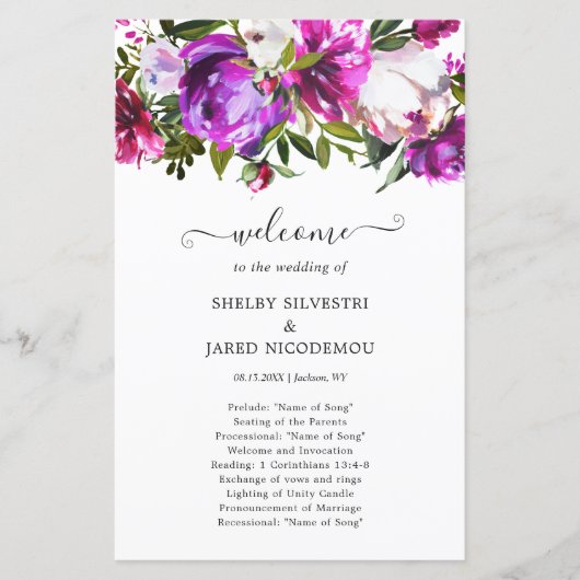 Paarse Floral Modern Wedding Programme (Voorkant)