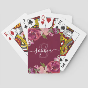 Paarse Floral Monogramed Script Name Pokerkaarten