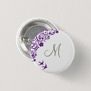 Paarse Floral Olive Green Initiaal Monogram Ronde Button 3,2 Cm