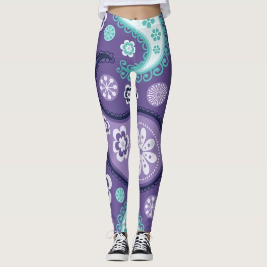 Paarse Floral Paisley Fun Leggings (Voorkant)