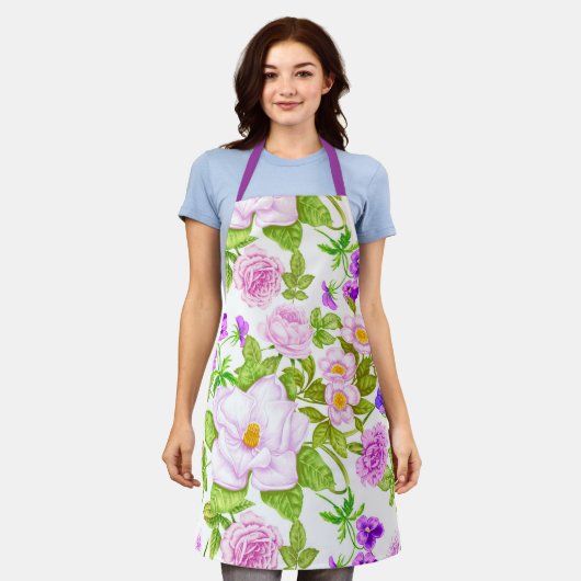  Paarse Floral Print Schort (Gedragen)