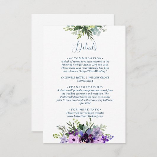 Paarse Floral QR code bruiloft Informatiekaartje (Voorkant / Achterkant)