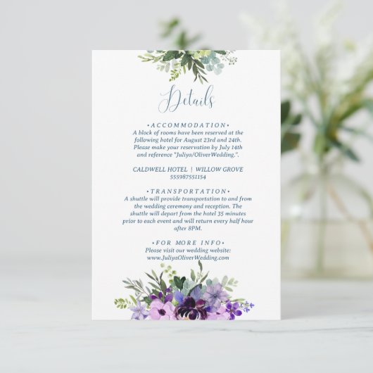 Paarse Floral QR code bruiloft Informatiekaartje (Staand voorkant)