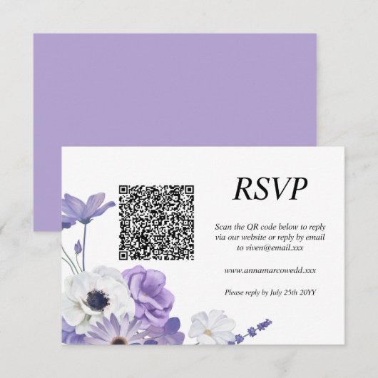 Paarse Floral QR Code RSVP Card Kaartje (Voorkant / Achterkant)