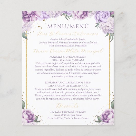 Paarse Floral Quinceañera Budgetvriendelijk Menu (Voorkant)