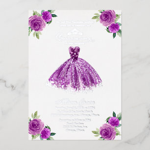 Paarse Floral Quinceanera Folie Uitnodiging