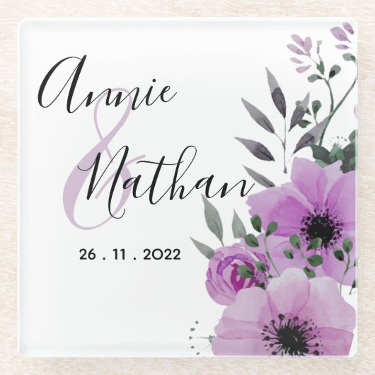 Paarse Floral Romantic Script Weddenschap Glazen Onderzetter (Voorkant)