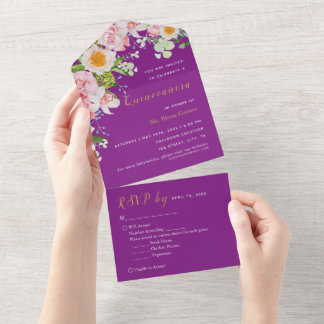 Paarse Floral RSVP Trivoudig Gebeurtenis Uitnodigi All In One Uitnodiging