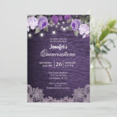 Paarse Floral Rustic Quinceanera Uitnodiging (Staand voorkant)