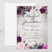 Paarse Floral Rustic Wedding Kaart (Voorkant / Achterkant)