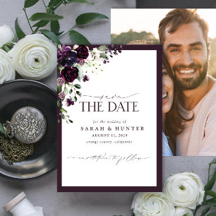 Paarse Floral Script Photo Weddenschap Save the Da Date