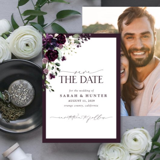 Paarse Floral Script Photo Weddenschap Save the Da Date