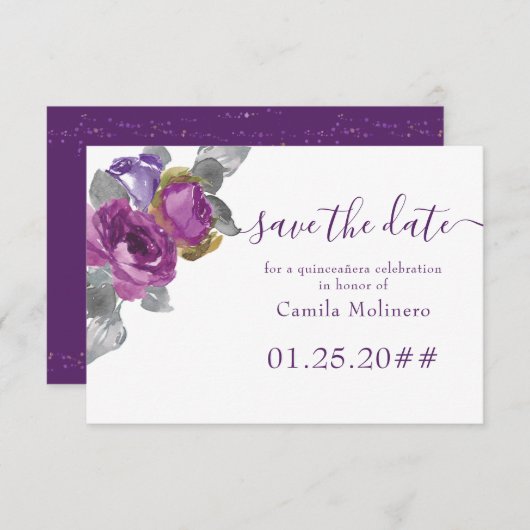 Paarse Floral Script Quinceanera sparen de datum Save The Date (Voorkant / Achterkant)