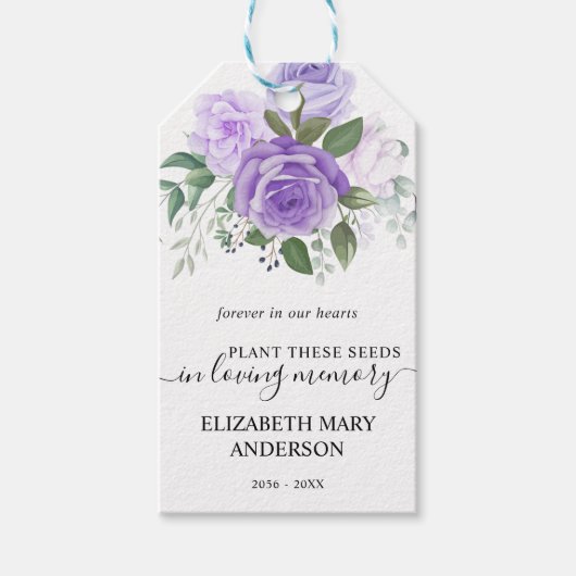 Paarse "Floral Seed Packet Memorial" Cadeaulabel (Voorkant)
