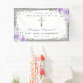 Paarse Floral Silver Glitter First Heilige Communi Spandoek (Insitu)