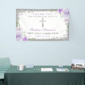 Paarse Floral Silver Glitter First Heilige Communi Spandoek (Beurs)