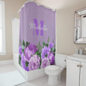 Paarse Floral Silver Glitter Monogram Douchegordijn (In situ)